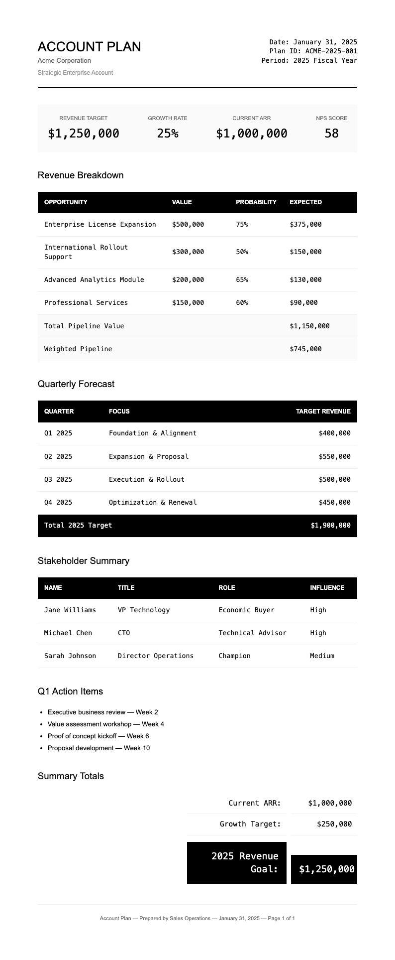 Minimalist invoice style sales account plan